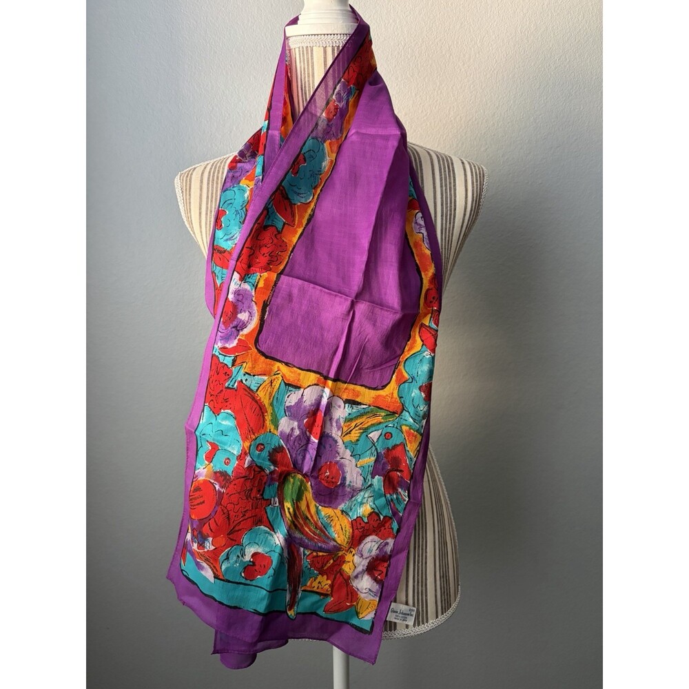 Ginnie Johansen 1989 100% Cotton Art Scarf Purple Red Yellow (Japan) 10.5"x58"
